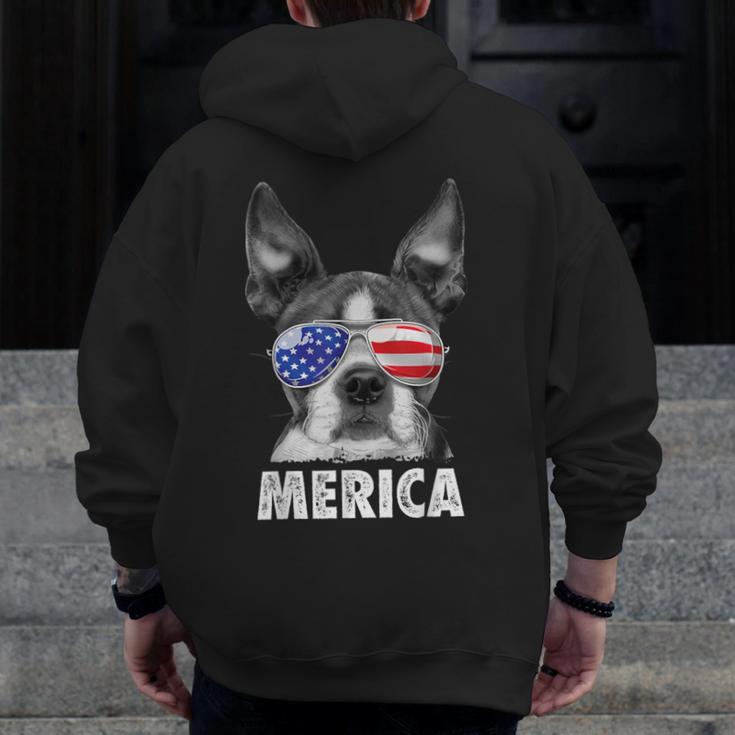 Boston Terrier 4th Of July Merica Men Women USA Flag Vintage Men Zip Up Hoodie Back Print, Boston Terrier 4th Of July Gifts, funny design
