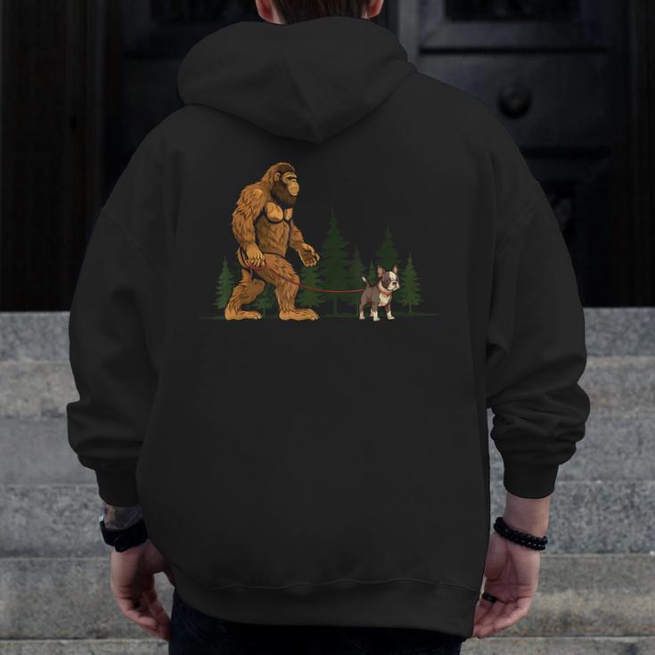 Boston Terrier Bigfoot Dog Walking Dog Mom Dad Kids Men Zip Up Hoodie Back Print, Couple Gifts, Mom Gifts, Boston Terrier Dad Gifts, Boston Terrier Mom Gifts, funny design