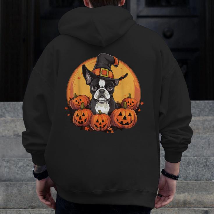 Boston Terrier Bostie Dog Breed Pet Halloween Pumpkins Men Zip Up Hoodie Back Print, Boston Terrier Halloween Gifts, funny design