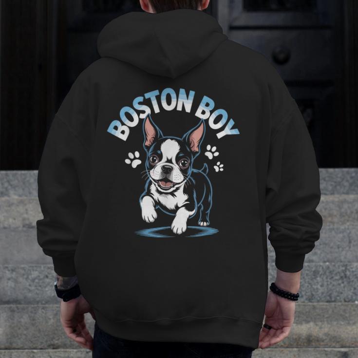 Boston Terrier Boy Cute Cartoon Dog Owner Pet Boston Terrier Men Zip Up Hoodie Back Print, funny design