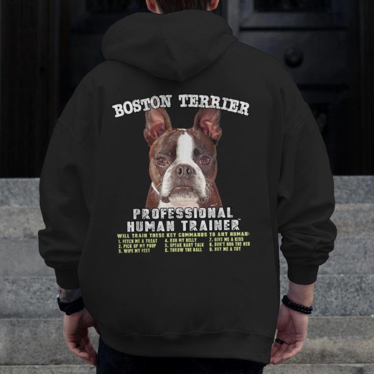 Boston Terrier Brindle Dog Professional Human Trainer Men Zip Up Hoodie Back Print, funny design