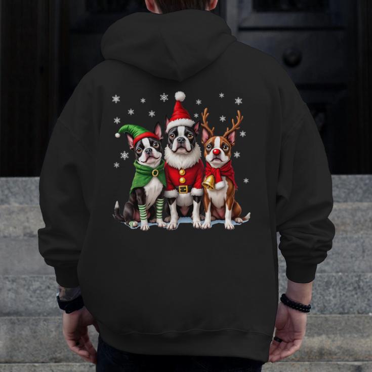 Boston Terrier Christmas Dogs Santa Reindeer Elf Men Zip Up Hoodie Back Print, Boston Terrier Christmas Gifts, funny design