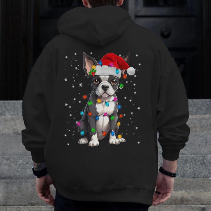 Boston Terrier Christmas Santa Hat Tree Lights Pajama Men Zip Up Hoodie Back Print, Boston Terrier Christmas Gifts, funny design