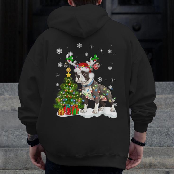 Boston Terrier Christmas Tree Lights Santa Hat Men Zip Up Hoodie Back Print, Boston Terrier Christmas Gifts, funny design