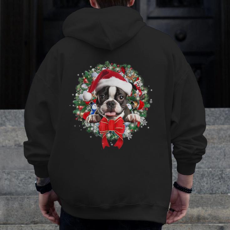 Boston Terrier Christmas Wreath Decoration Xmas Pajamas Men Zip Up Hoodie Back Print, Boston Terrier Christmas Gifts, funny design
