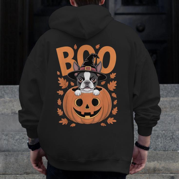 Boston Terrier Costume On Pumpkin Halloween Boston Terrier Men Zip Up Hoodie Back Print, Boston Terrier Halloween Gifts, funny design