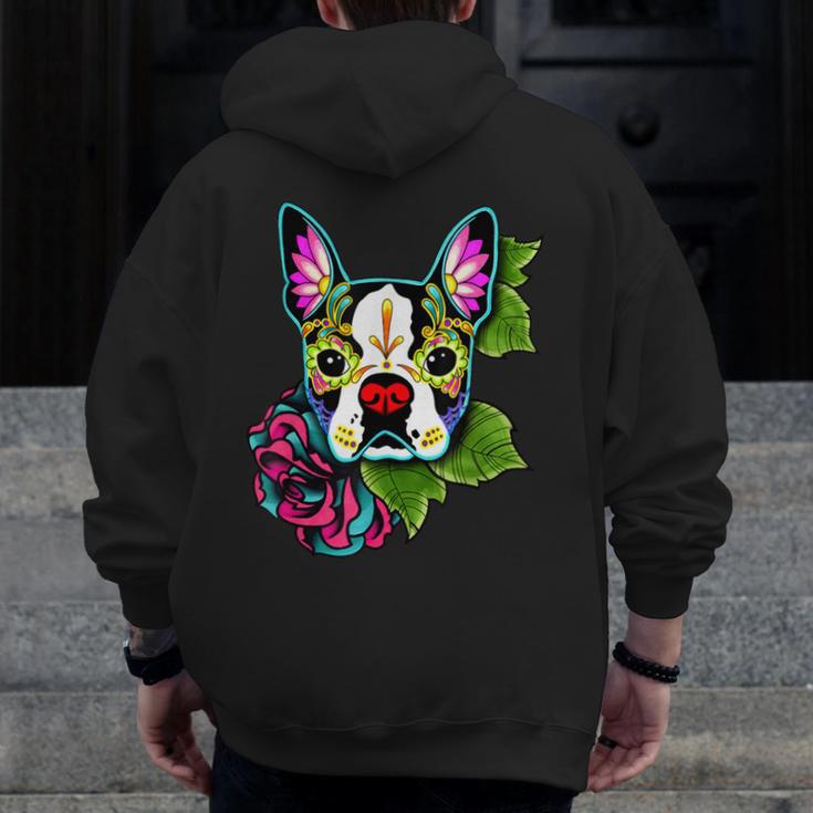 Boston Terrier In Day Of The Dead Sugar Skull Dog Men Zip Up Hoodie Back Print, funny design
