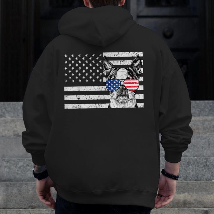 Boston Terrier Dog 4th Of July US American Flag Patriotic Men Zip Up Hoodie Back Print, Patriotic Boston Terrier Gifts, American Boston Terrier Gifts, Boston Terrier 4th Of July Gifts, funny design