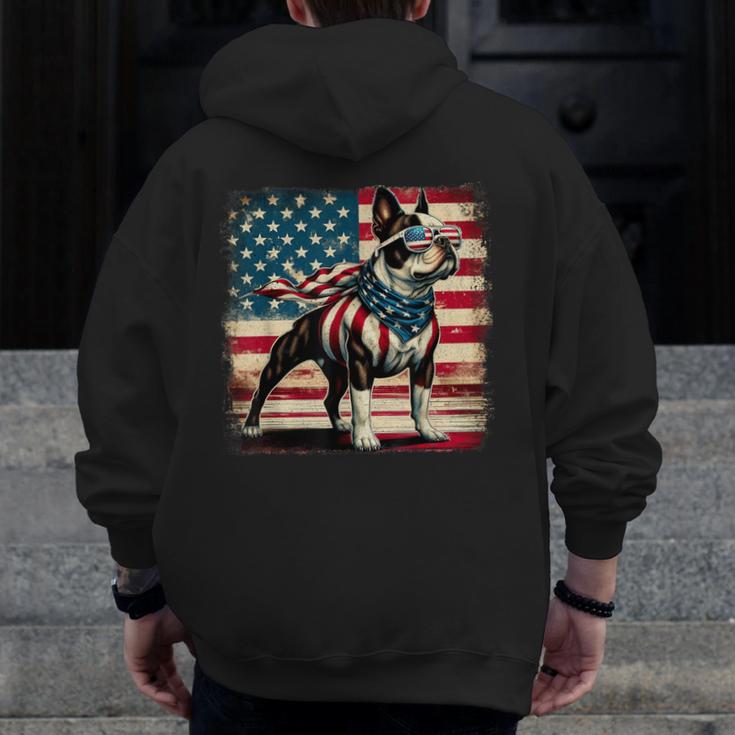 Boston Terrier Dog 4th Of July USA American Flag Patriotic Men Zip Up Hoodie Back Print, Patriotic Boston Terrier Gifts, American Boston Terrier Gifts, Boston Terrier 4th Of July Gifts, funny design