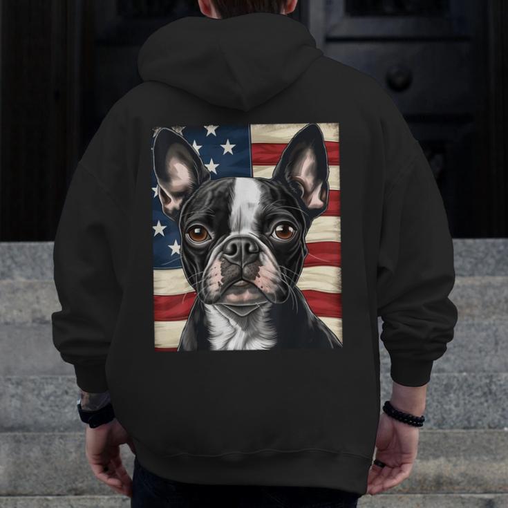 Boston Terrier Dog American Flag 4th Of July Patriotic Puppy Men Zip Up Hoodie Back Print, Patriotic Boston Terrier Gifts, American Boston Terrier Gifts, Boston Terrier 4th Of July Gifts, funny design