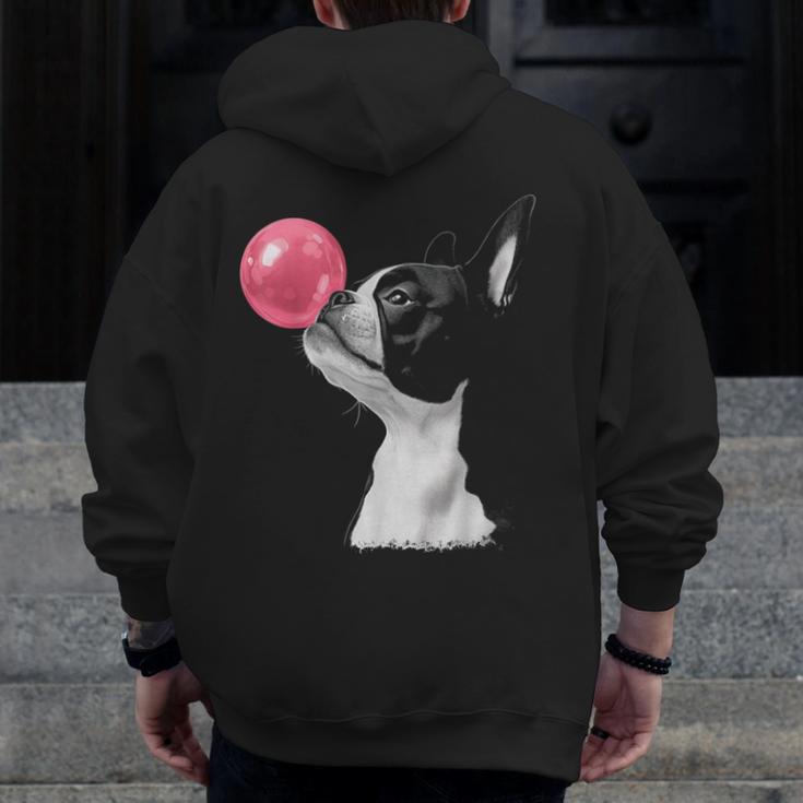Boston Terrier Dog Blowing Chewing Bubble Gum Pink Men Zip Up Hoodie Back Print, funny design