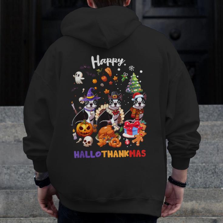 Boston Terrier Dog Christmas Happy Hallothankmas Halloween For Men Women Kids Men Zip Up Hoodie Back Print, Boston Terrier Christmas Gifts, Boston Terrier Halloween Gifts, funny design