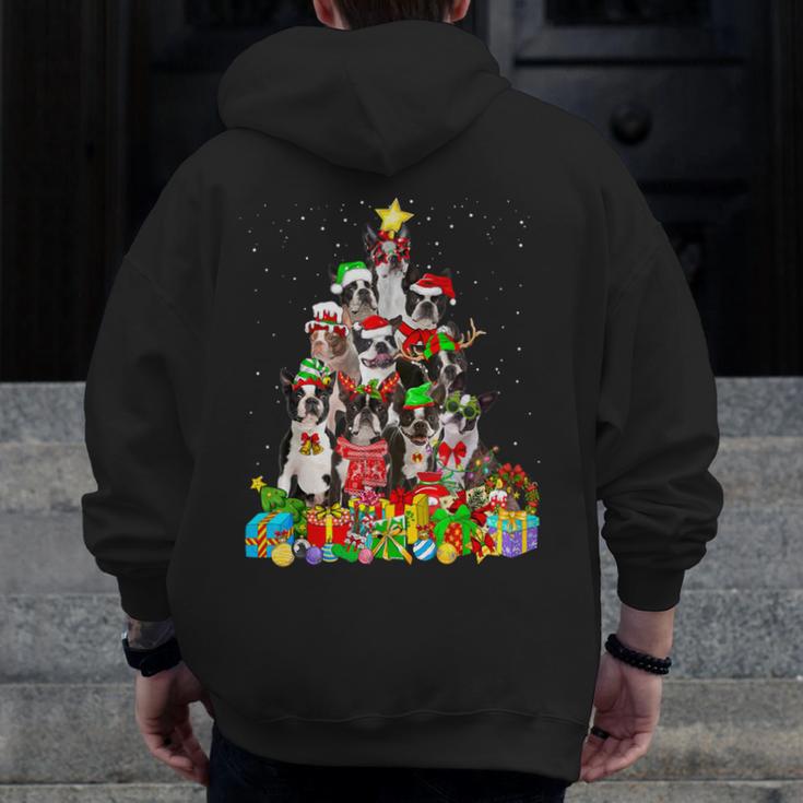 Boston Terrier Dog Christmas Tree Lights Xmas Pajama For Men Women Kids Men Zip Up Hoodie Back Print, Boston Terrier Christmas Gifts, funny design