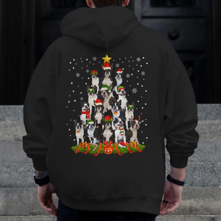 Boston Terrier Dog Christmas Tree Santa Hat Xmas Pajama Men Women Kids Men Zip Up Hoodie Back Print, Boston Terrier Christmas Gifts, funny design