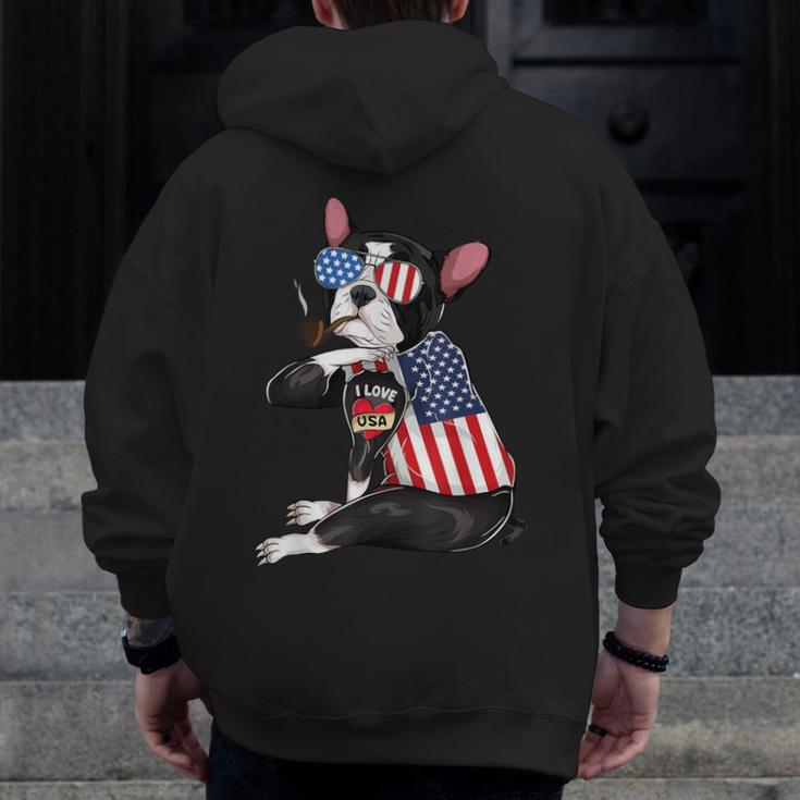 Boston Terrier Dog Merica 4th Of July Usa American Flag Men Men Zip Up Hoodie Back Print, American Boston Terrier Gifts, Boston Terrier 4th Of July Gifts, funny design