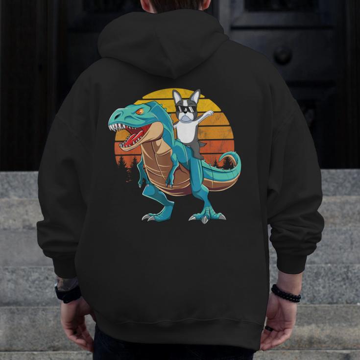 Boston Terrier Dog Riding Dinosaur T Rex Boys Men Zip Up Hoodie Back Print, Boston Terrier Riding Gifts, funny design