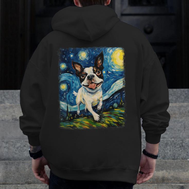 Boston Terrier Dog Starry Night Painting Men Zip Up Hoodie Back Print, funny design