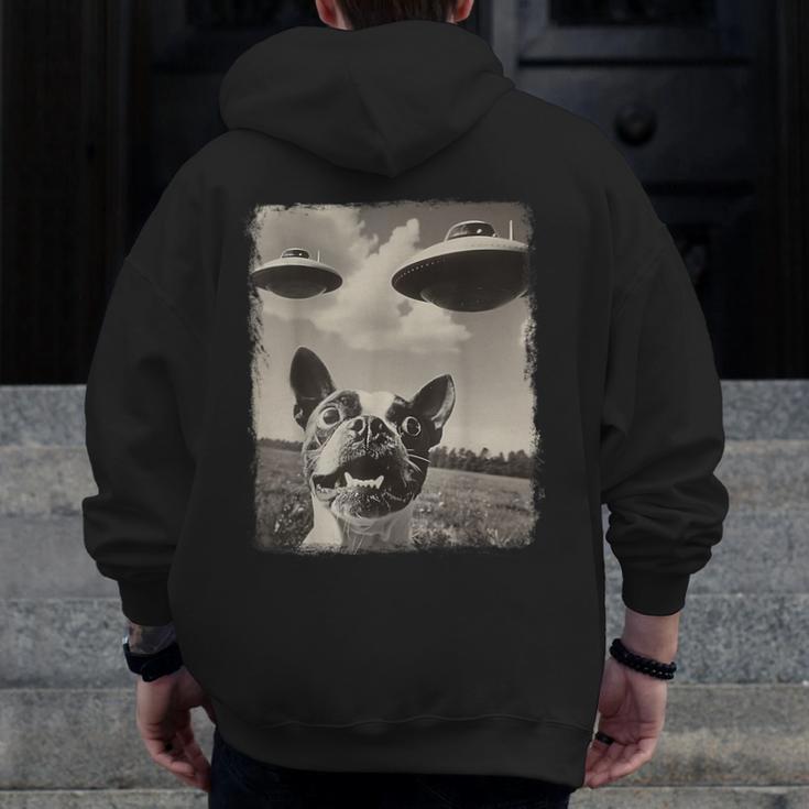 Boston Terrier Dog UFO Alien Extraterrestrial Selfie Men Zip Up Hoodie Back Print, funny design