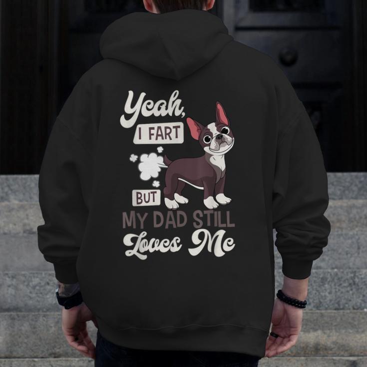 Boston Terrier Fart American Gentleman Non-Sporting Dog Men Zip Up Hoodie Back Print, American Boston Terrier Gifts, funny design