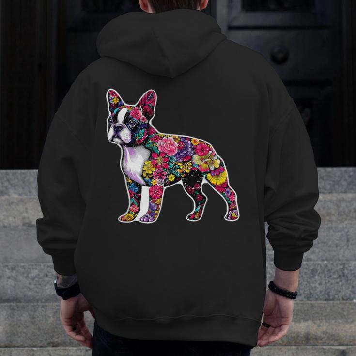 Boston Terrier Floral Dog Lover Vintage Distressed For Men Women Kids Men Zip Up Hoodie Back Print, funny design