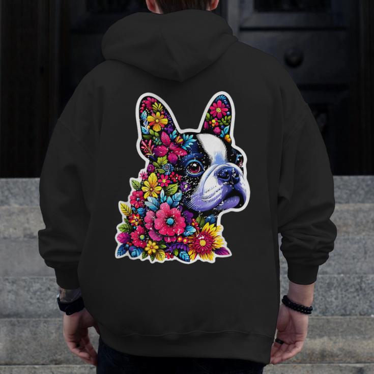 Boston Terrier Floral Vintage Dog Mom Distressed Men Women Kids Men Zip Up Hoodie Back Print, Couple Gifts, Mom Gifts, Boston Terrier Mom Gifts, funny design