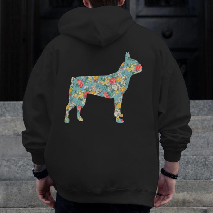 Boston Terrier Flower Silhouette Floral Dog Men Women Girls Kids Men Zip Up Hoodie Back Print, funny design