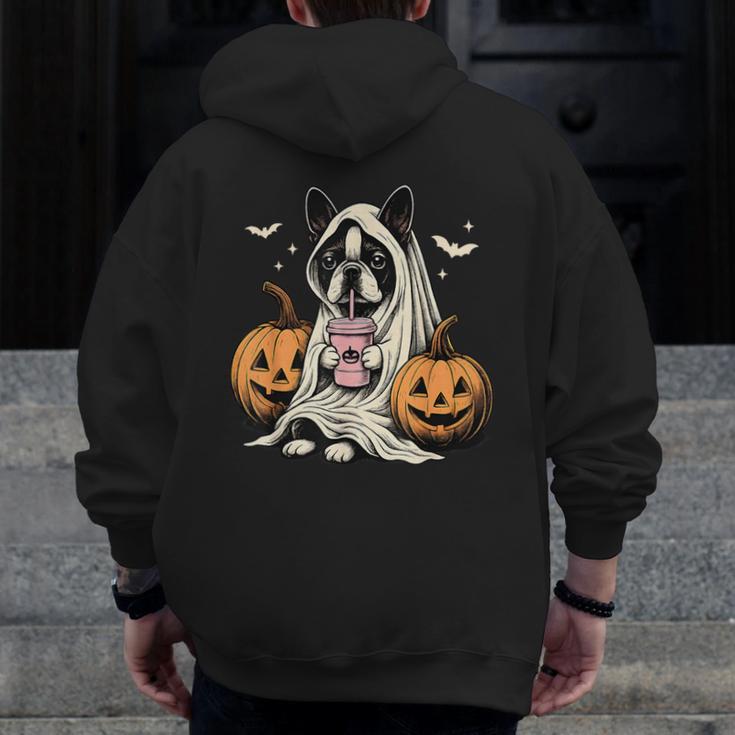 Boston Terrier Ghost Boo Halloween Costume Spooky Season Men Zip Up Hoodie Back Print, Boston Terrier Ghost Gifts, Boston Terrier Halloween Gifts, funny design