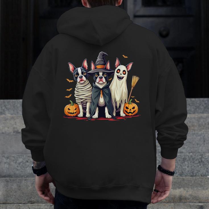 Boston Terrier Halloween Costume Mummy Witch Ghost Dog Lover For Men Women Kids Men Zip Up Hoodie Back Print, Boston Terrier Ghost Gifts, Boston Terrier Halloween Gifts, funny design