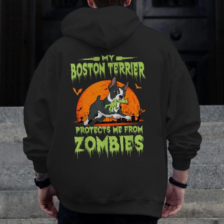 Boston Terrier Halloween Zombie American Gentleman Dog Lover Men Zip Up Hoodie Back Print, Boston Terrier Halloween Gifts, American Boston Terrier Gifts, funny design