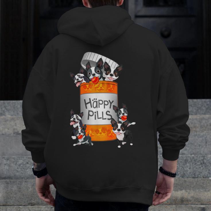 Boston Terrier Happy Pills T-Shirt Men Zip Up Hoodie Back Print, funny design