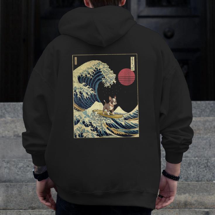 Boston Terrier Japanese Kanagawa Wave Surf Dog Men Zip Up Hoodie Back Print, funny design