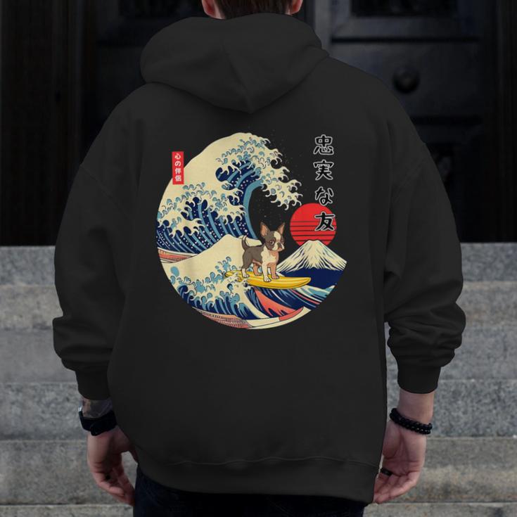 Boston Terrier Japanese Kanagawa Wave Surf Loyal Dog Men Women Kids Men Zip Up Hoodie Back Print, funny design