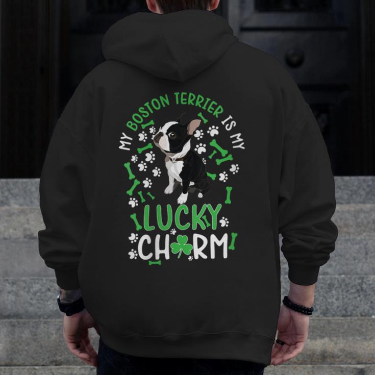 My Boston Terrier Is My Lucky Charm Paw Dog St Patrick's Day Men Zip Up Hoodie Back Print, funny design