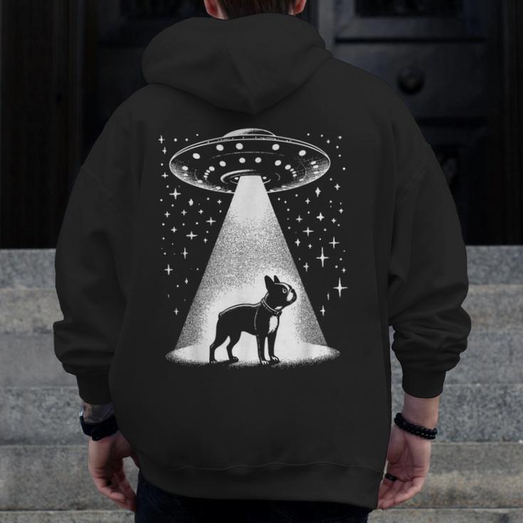Boston Terrier Mom Dad Dog Alien UFO For Men Women Men Zip Up Hoodie Back Print, Couple Gifts, Mom Gifts, Boston Terrier Dad Gifts, Boston Terrier Mom Gifts, funny design