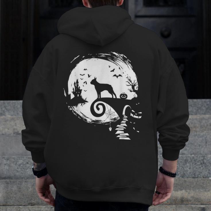 Boston Terrier And Moon Halloween Costume Dog Lover Men Zip Up Hoodie Back Print, Boston Terrier Halloween Gifts, funny design
