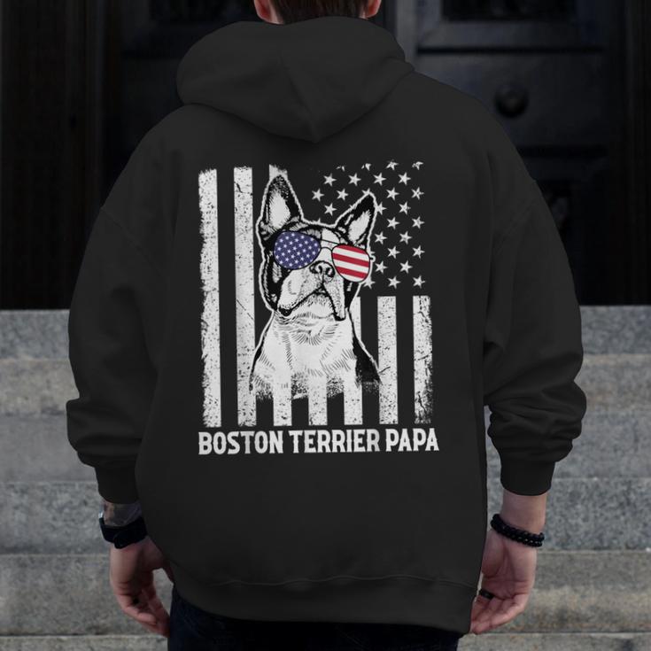 Boston Terrier Papa Cool Dog Lover USA American Flag Men Women Men Zip Up Hoodie Back Print, American Boston Terrier Gifts, funny design