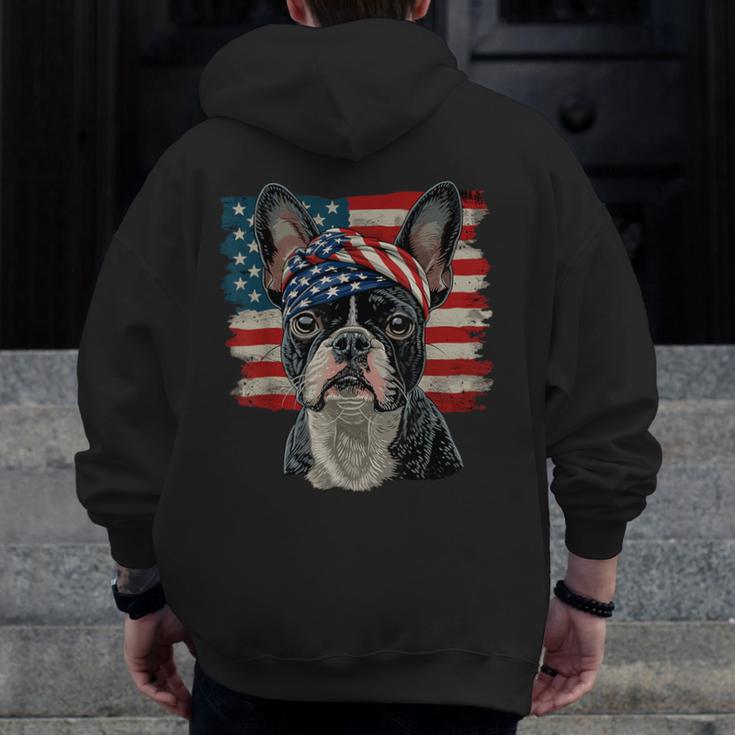 Boston Terrier Patriotic 4th Of July USA American Flag Men Zip Up Hoodie Back Print, Patriotic Boston Terrier Gifts, American Boston Terrier Gifts, Boston Terrier 4th Of July Gifts, funny design
