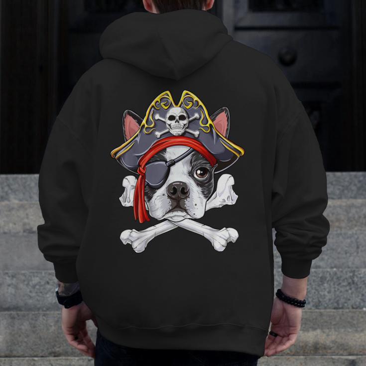 Boston Terrier Pirate T Shirt Jolly Roger Crossbones Skull Men Zip Up Hoodie Back Print, funny design