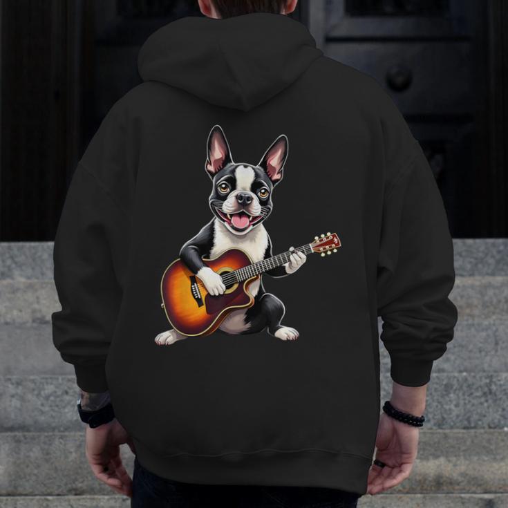Boston Terrier Playing Guitar Boston Terrier Men Zip Up Hoodie Back Print, funny design