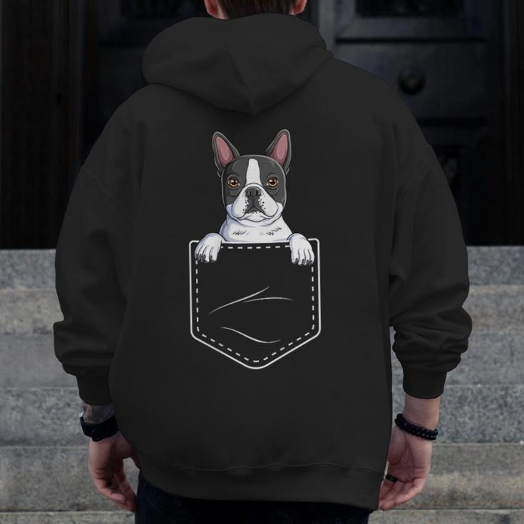 Boston Terrier In The Pocket Cute Boston Terrier Dog Lovers For Men Women Girls Kids Men Zip Up Hoodie Back Print, funny design