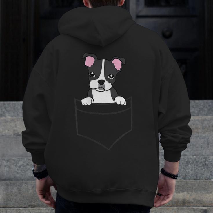 Boston Terrier In The Pocket Cute Pocket Boston Terrier Men Zip Up Hoodie Back Print, funny design