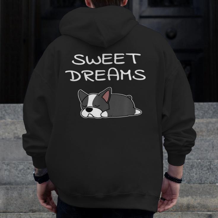 Boston Terrier Puppy Sweet Dreams Pajama For Bedtime Men Zip Up Hoodie Back Print, funny design