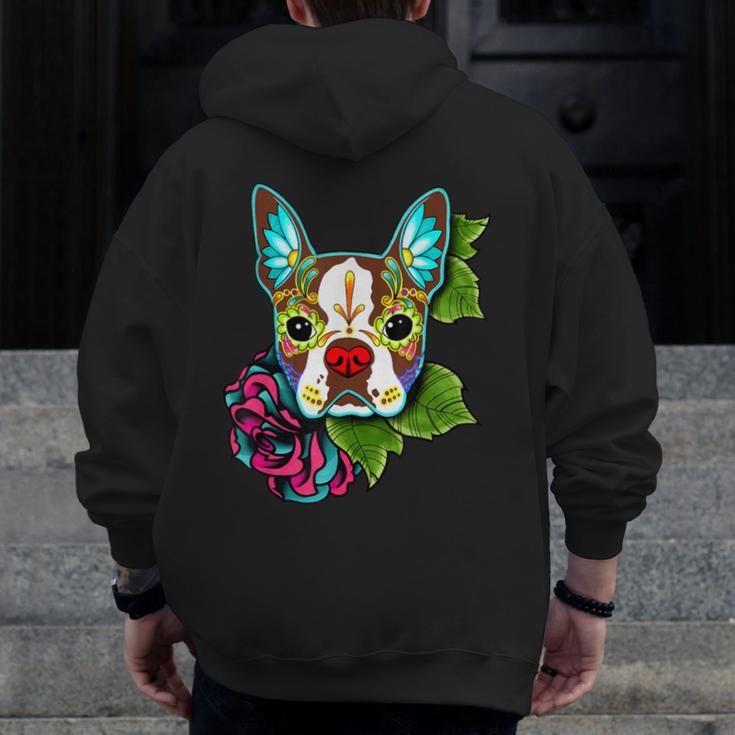 Boston Terrier In Red Day Of The Dead Sugar Skull Dog Men Zip Up Hoodie Back Print, funny design