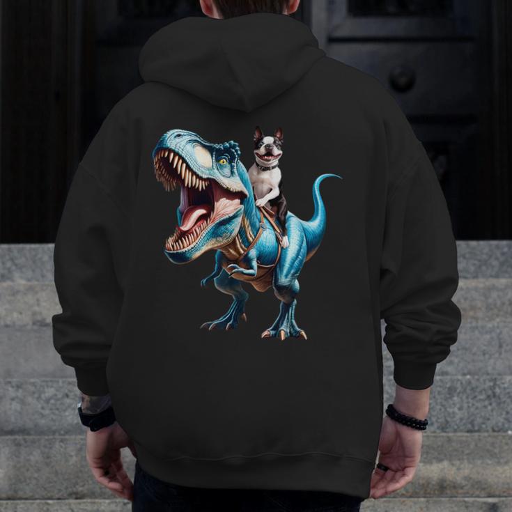 Boston Terrier Riding T-Rex Dinosaur Dog Lover Men Zip Up Hoodie Back Print, Boston Terrier Riding Gifts, funny design