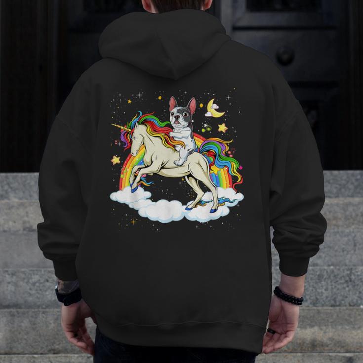 Boston Terrier Riding Unicorn Boys Girls Kids Rainbow Men Zip Up Hoodie Back Print, Boston Terrier Riding Gifts, funny design