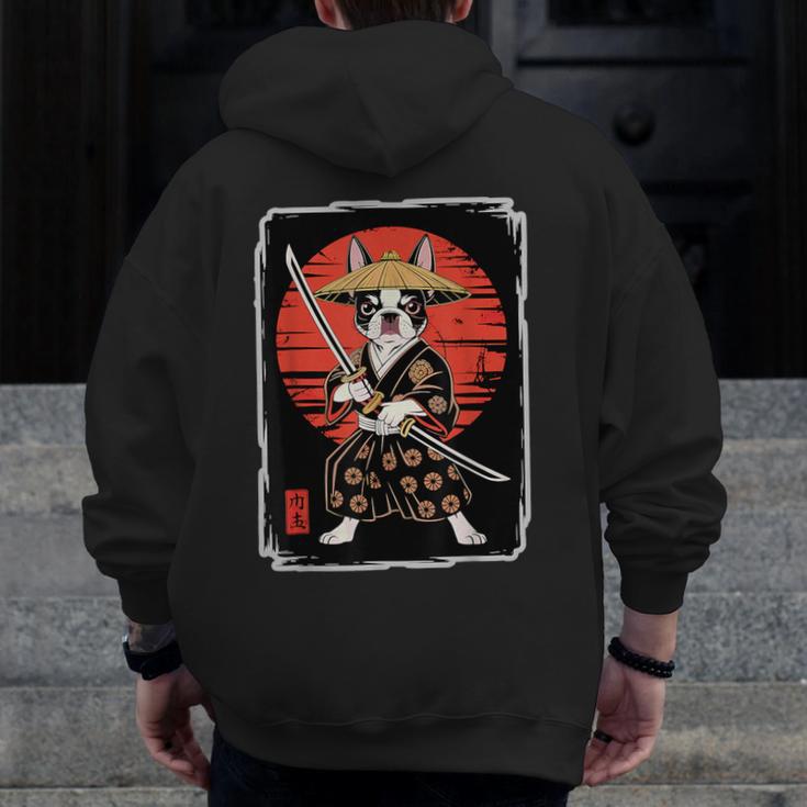 Boston Terrier Samurai Ninja Vintage Anime Japanese Ukiyo-e Men Zip Up Hoodie Back Print, funny design
