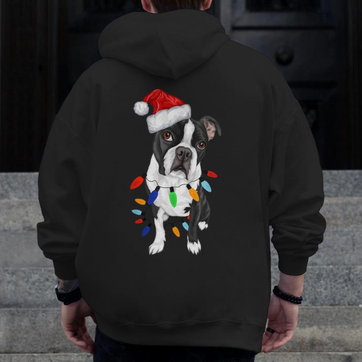 Boston Terrier Santa Christmas Lights Xmas Dog Lover Men Women Kids Men Zip Up Hoodie Back Print, Boston Terrier Christmas Gifts, funny design