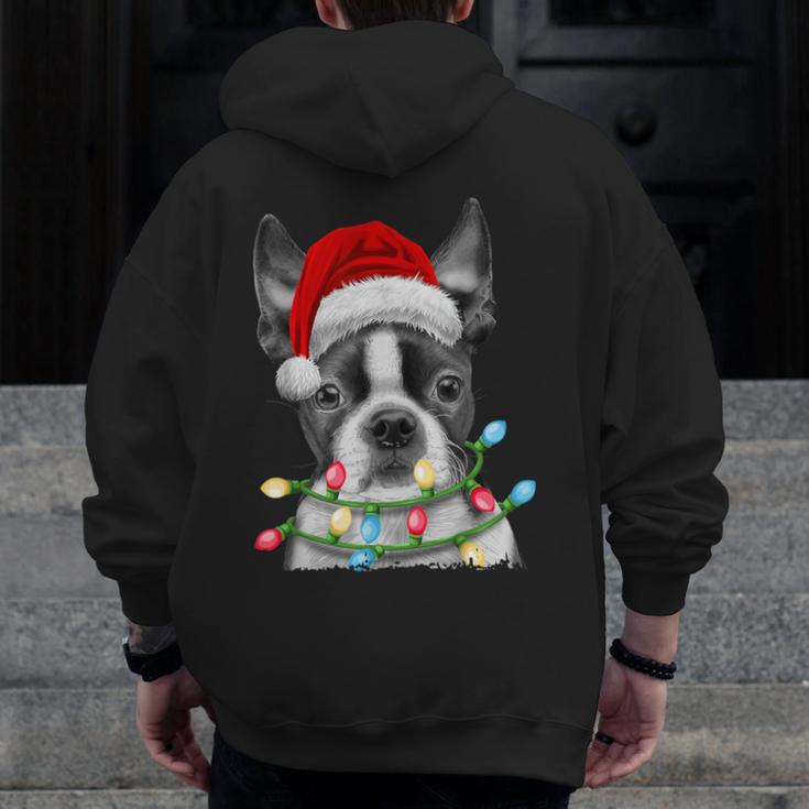 Boston Terrier Santa Christmas Tree Lights Xmas Boys Men Dog Men Zip Up Hoodie Back Print, Boston Terrier Christmas Gifts, funny design