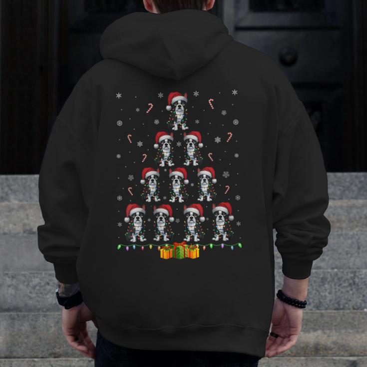Boston Terrier Santa Hat Xmas Light Men Women Christmas Tree Men Zip Up Hoodie Back Print, Boston Terrier Christmas Gifts, funny design