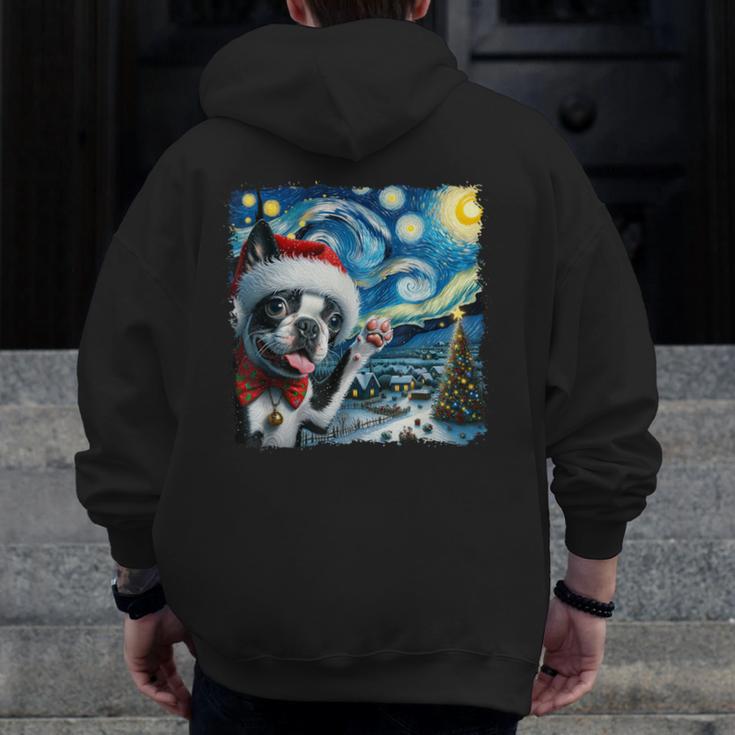 Boston Terrier Santa Starry Night Van Gogh Christmas Dog Men Women Kids Men Zip Up Hoodie Back Print, Boston Terrier Christmas Gifts, funny design